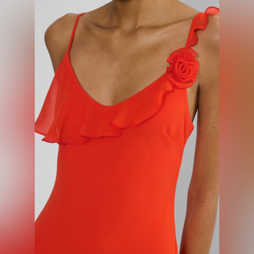 Aritzia Wilfred Engage Dress Red/Orange Rosette Ruffle Asymmetrical Slip Dress - Picture 3 of 13